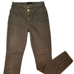 Refuge High Waist Skinny Jeans | Olive Green | 3-Button Front | Copper Hardware